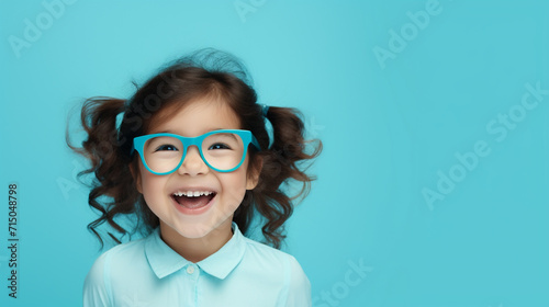 Happy little asian girl isolated on blue background