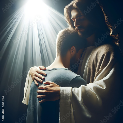 Jesus with love and care comforting young troubled man photo