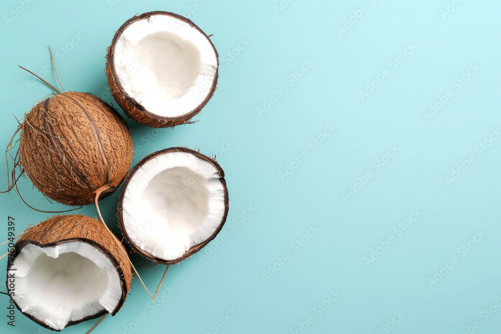 Top view of coconut isolated on blue background ripe coconuts. Top View. Copy Space. Pop art design, creative summer concept. Banner. Half of coconut in minimal flat lay style. Summer composition Top view of coconut isolated on blue background ripe coconuts. Top View. Copy Space. Pop art design, creative summer concept. Banner. Half of coconut in minimal flat lay style. Summer composition