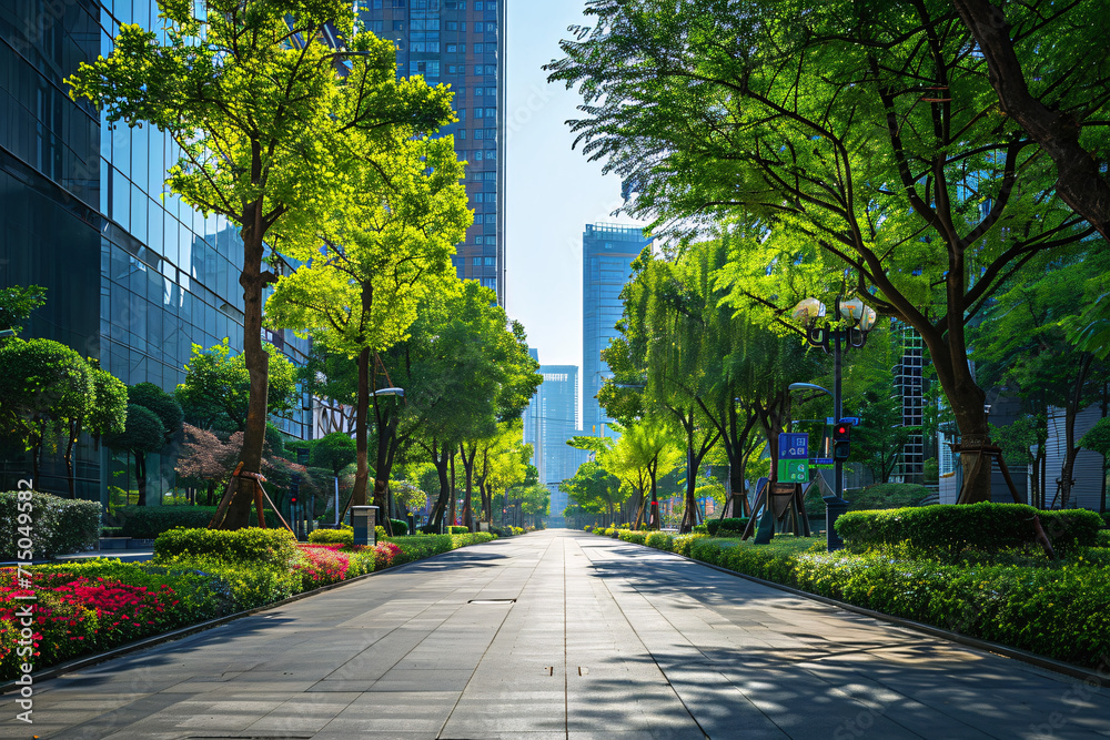 Green urban parkway with lush trees and flowering plants. Eco-friendly cityscape with pedestrian walkway for outdoor activities
