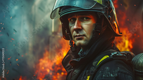 A portrait of a Courageous firefighter embodies heroism, responding to emergencies with skill and bravery. the team at the fire station ensures safety and swift rescue operation