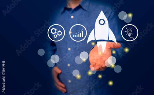 Embarking on a business journey of a rocket icon, accelerate towards our goals, rapid startup momentum. sights are set on achieving success, forward with determination and innovation