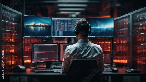 Back view of a man working in a server room at night