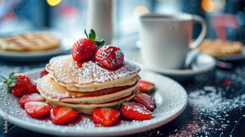 Close-up of hot American pancakes with fresh strawberries on a stylish table. Food concept  dessert for Valentine s day  holiday.