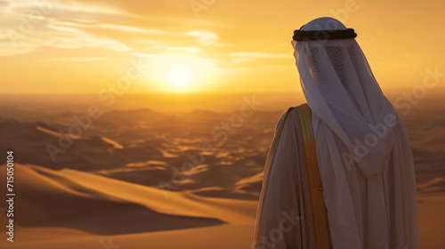 In traditional thwab attire, the Arab businessman gazes at the mesmerizing desert, finding inspiration for success in the vast, untamed landscapes of the Middle East