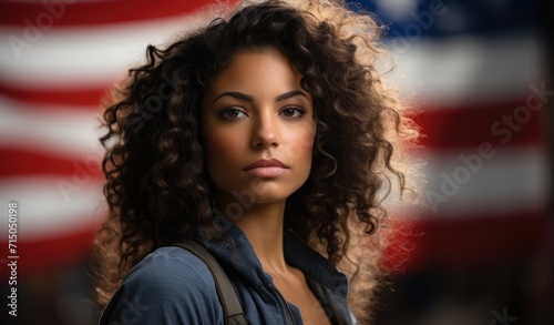 A serious and beautiful long-haired girl posing against the backdrop of the USA flag