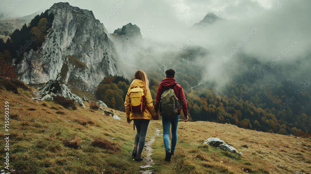 Couple hiking in misty mountains with fall colors. Adventure and togetherness concept with outdoor exploration theme.
