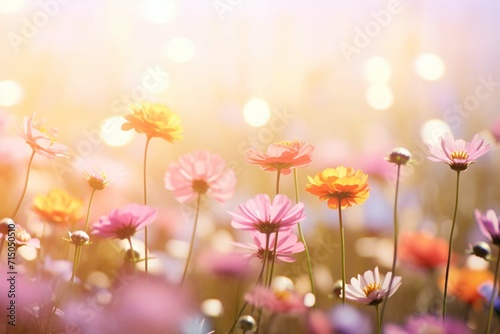 Colorful flower meadow with sunbeams and bokeh lights in summer - nature background banner with copy space - summer greeting card wildflowers spring 