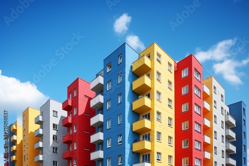 An housing complex, apartment or multi floor resedential building with each unit in different colors photo