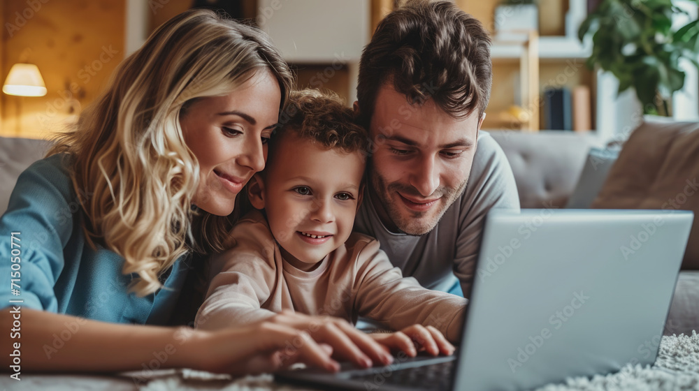 Family of three—a mother, a father, and a young child—lying on their stomachs on a rug in their living room Family of three—a mother, a father, and a young child—lying on their stomachs on a rug in their living room