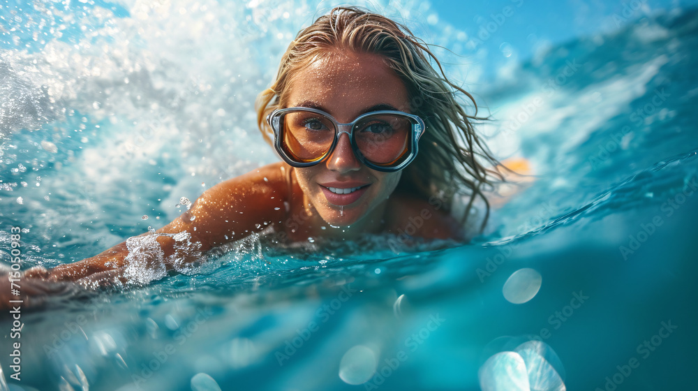 Fototapeta premium A girl Experience the thrill of surfing in the azure sea, where blue water meets the perfect waves. A coastal adventure awaits, offering surfers the ultimate blend of excitement and aquatic freedom