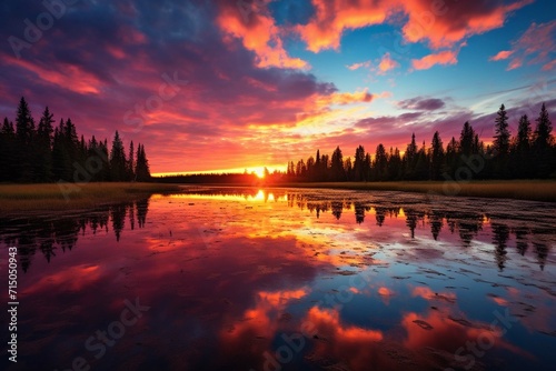 Colourful sunset in Spring at Astotin Lake, Elk Island National Park photo
