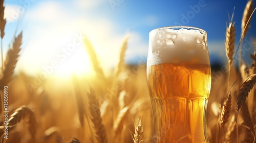 A glass of beer amidst golden wheat fields with the sun setting in the background