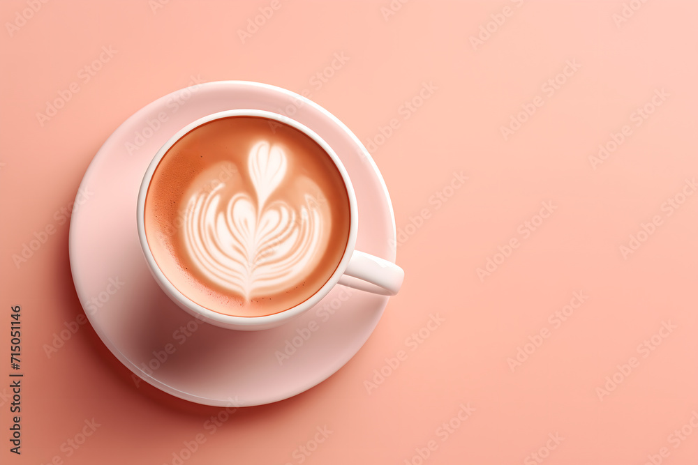 Flat lay with pink cup of latte on peach background. Valentine's Day promotion for a coffee shop. Banner with copy space. - obrazy, fototapety, plakaty 