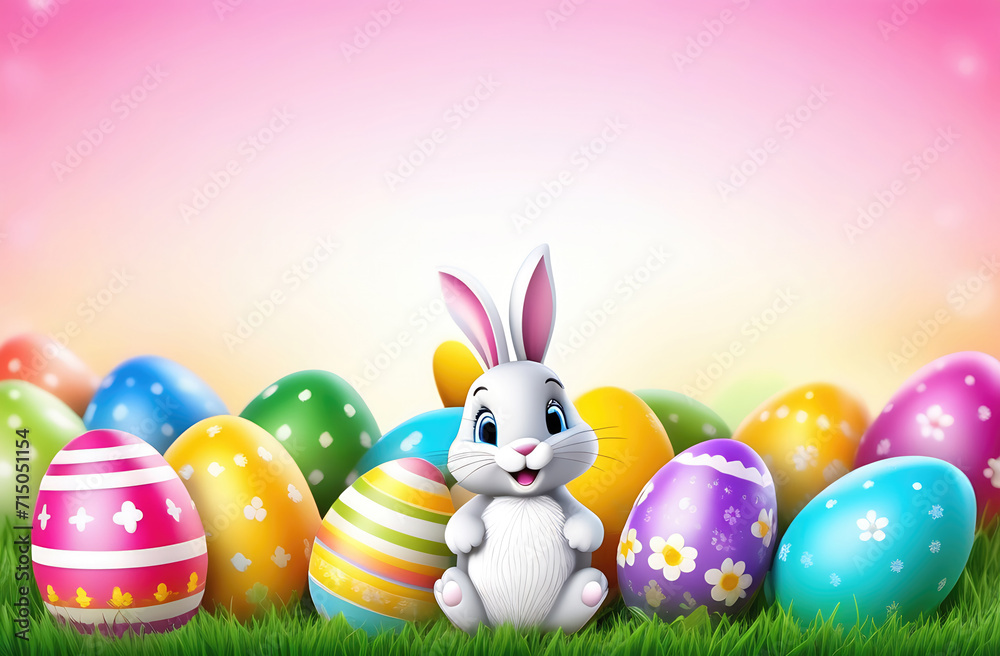 Easter card with Easter bunny and colorful eggs in the grass. Festive background. Copy space for text