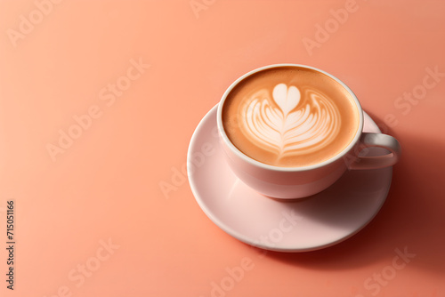 Flat lay with pink cup of latte on peach background. Valentine's Day promotion for a coffee shop. Banner with copy space.