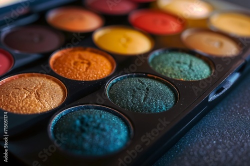 Close-up of an eye shadow palette with a variety of colors.