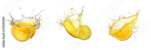 Set of lemon slice with lemon juice splash isolated on a transparent background