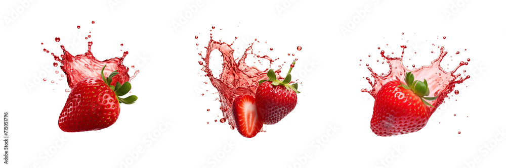 Set of strawberry with strawberry juice splash isolated on a transparent background - obrazy, fototapety, plakaty 