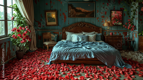 Vintage Romantic Valentine s night with red rose on the bed. 