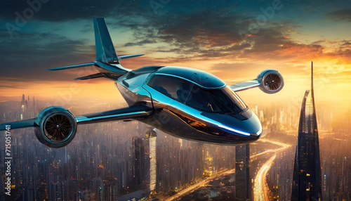 Futuristic cityscape at night with autonomous air taxi soaring above, symbolizing the cutting-edge innovation of personal air transport © Your Hand Please