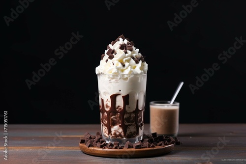  Dark chocolate milk shake with whipped cream brownie on wood table. isolated on a white background