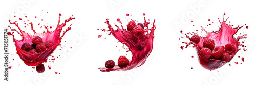 Set of raspberry with berry juice splash isolated on a transparent background photo