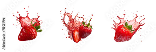Set of strawberry with strawberry juice splash isolated on a transparent background
