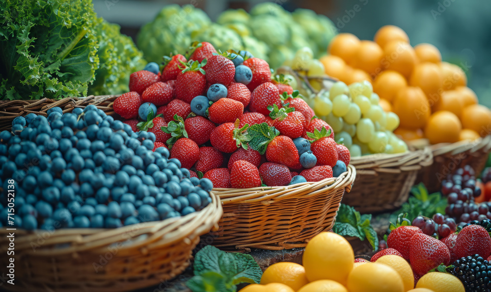 Assorted Fruits and Vegetables in Baskets, A Colorful Array of Fresh Produce