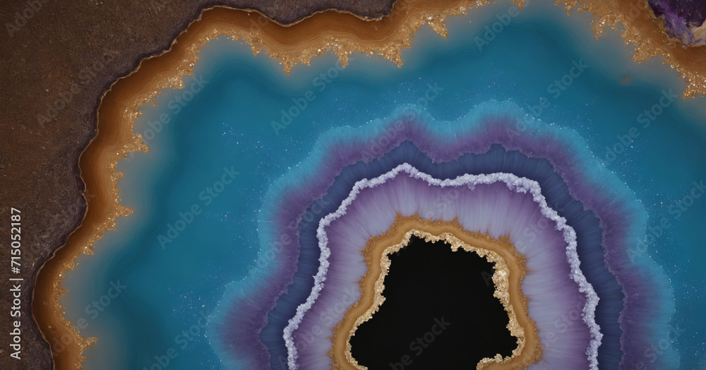 An abstract artwork featuring a geode-inspired design with blue and metallic swirls, creating a modern and decorative backdrop with a touch of glitter and amethyst elements.