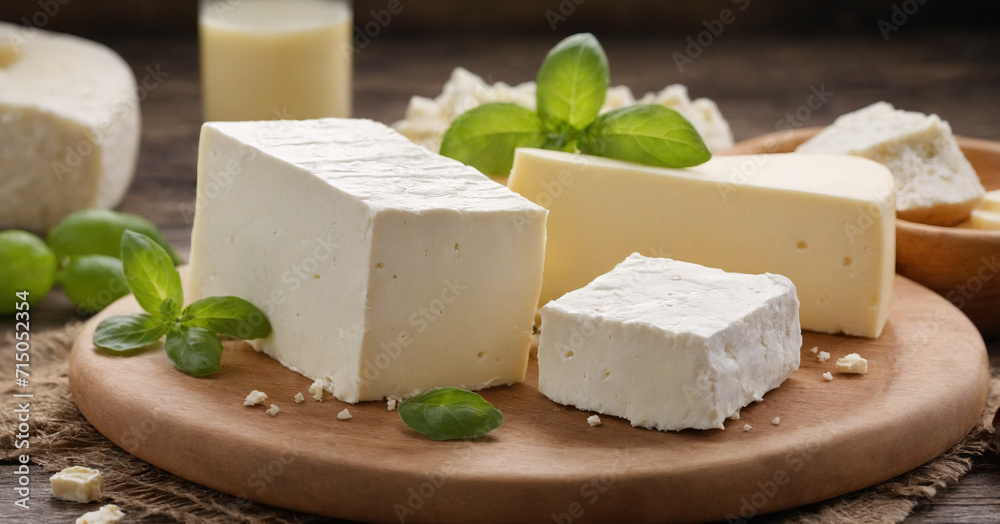 Freshly sliced feta cheese cubes on a white background, highlighting the organic and gourmet quality of this Mediterranean dairy product, perfect for healthy meals and snacks.