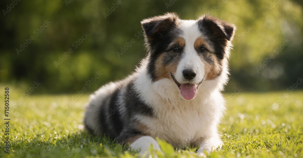 A cute and fluffy Australian Shepherd puppy posing outdoors, showcasing its adorable face and happy demeanor in a summer park setting.