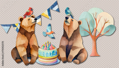 woodland animal birthday party, vector graphic element set / collection, 16:9 widescreen watercolor wallpaper / backdrop