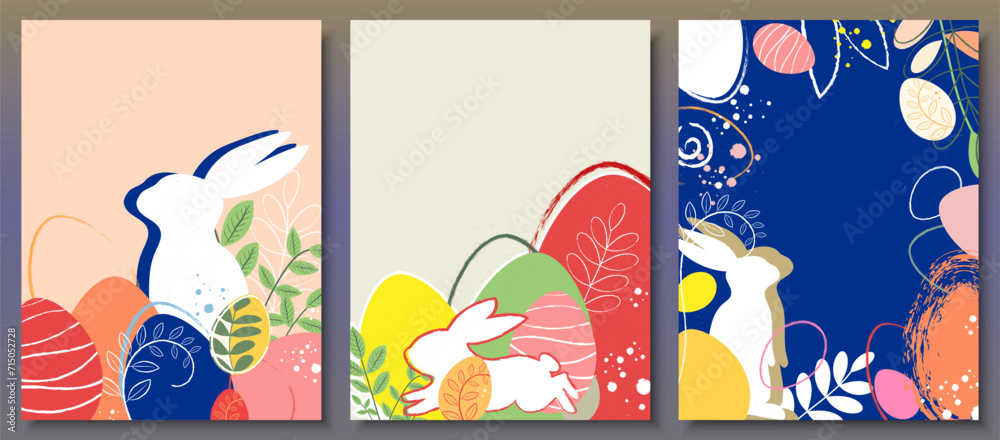 Easter greeting poster, flyer design card. Bunny rabbit, Easter eggs, spring plants. Pattern for presentation, brochure, banner, templates set, background.