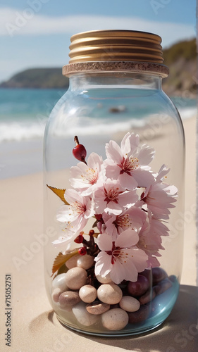 A Captivating Cherry Blossom Flower Jar Amidst Beach Serenity AI GENERATED