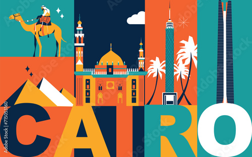 Typography word Cairo branding technology concept. Collection of flat vector web icons. Egypt culture travel set, architectures, specialties detailed silhouette. Doodle famous landmarks.