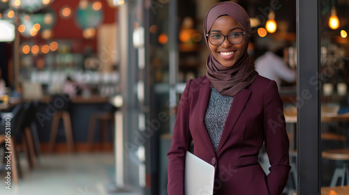 Young woman wearing a hijab, holding a laptop, is smiling and standing inside a cafe.
