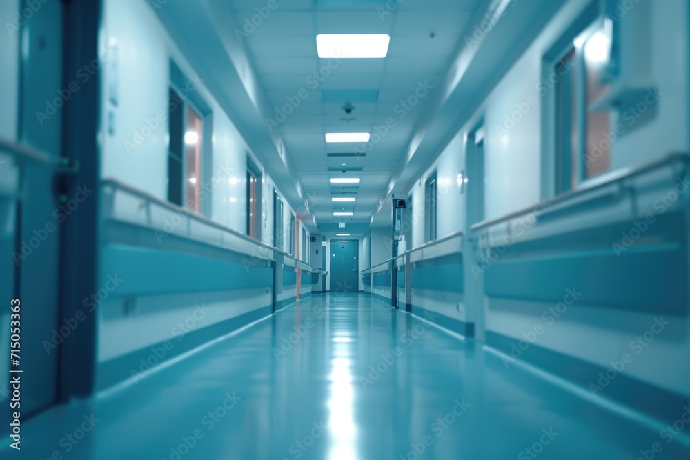 A long hallway with a blue floor and white walls. Perfect for architectural or interior design projects