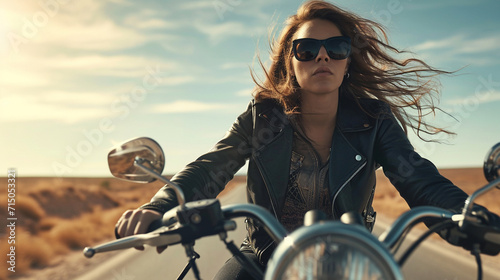 Riding through an open highway, a stylish biker in a black leather jacket and sunglasses, the wind tousling their hair. The sweeping landscape and the streamlined silhouette evoke