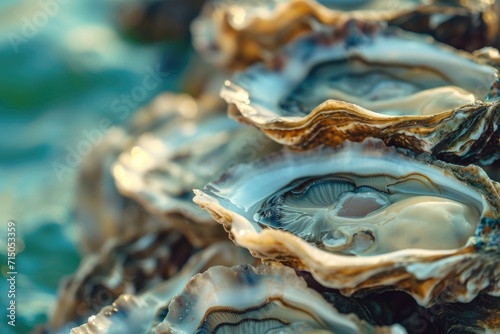 A detailed view of a bunch of oysters. Perfect for seafood menus or articles about shellfish photo