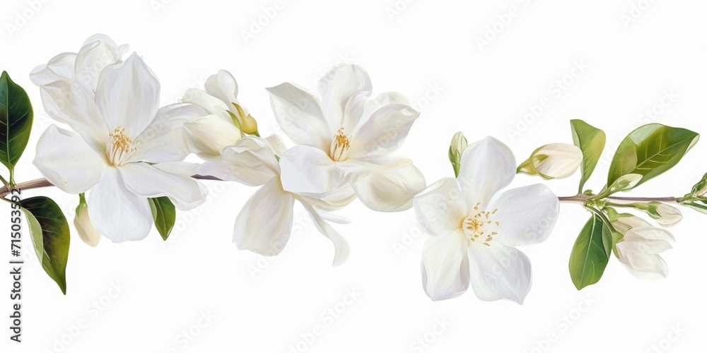 A branch of white flowers with green leaves. Can be used to add a touch of elegance to any design