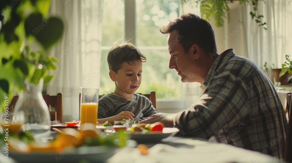 A man is sitting at a table with a child. This image can be used to depict a father spending quality time with his child A man is sitting at a table with a child. This image can be used to depict a father spending quality time with his child