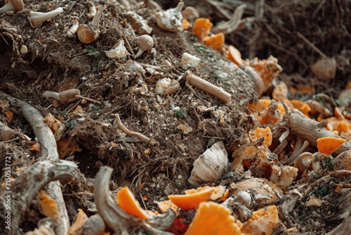 A pile of dirt with orange peels. Can be used to represent composting or waste management