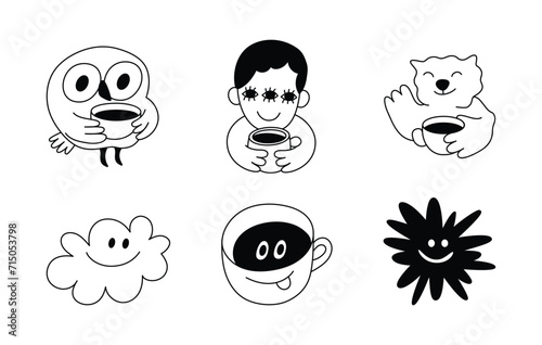 Vector logo design template and graphic elements for advertising, branding, posters and banners, funny cartoon illustrations with smiling character, coffee cup mascot, print and sticker