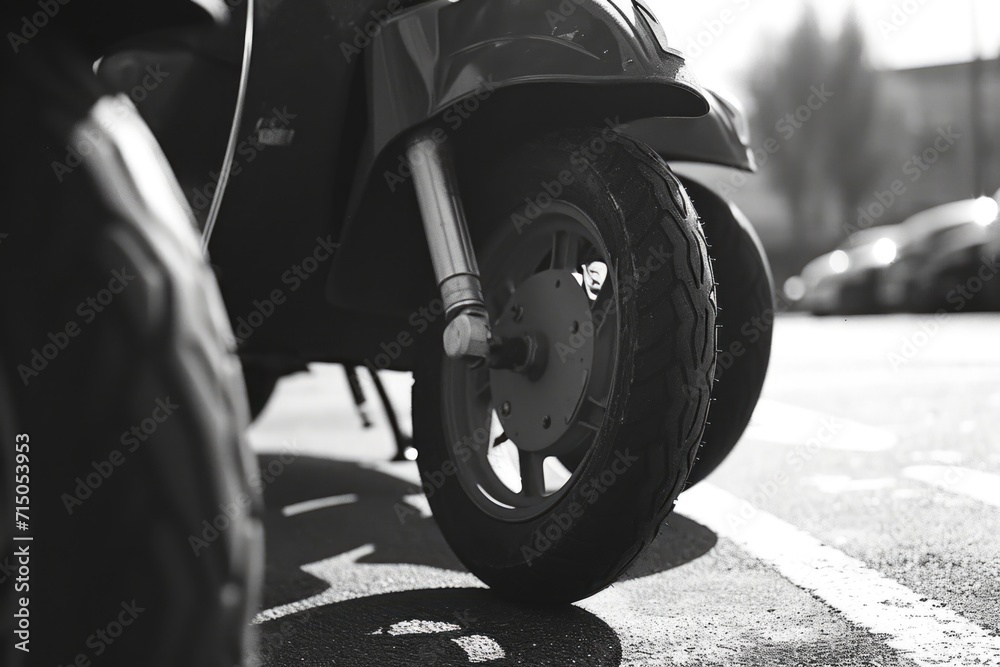 Naklejka premium A black and white photo of a motor scooter. Suitable for various uses