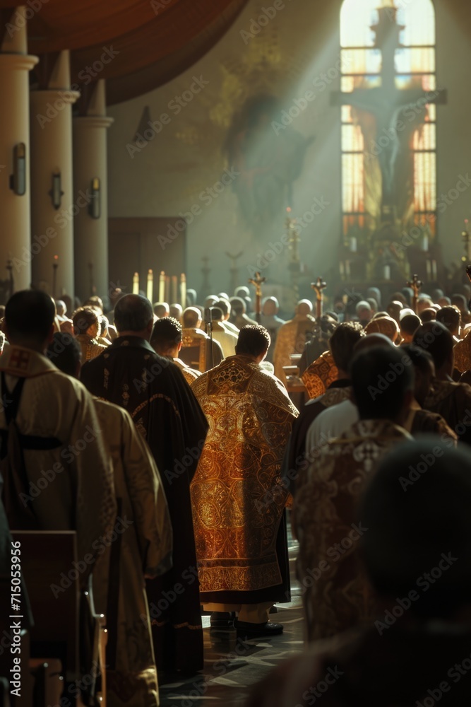 A large group of people standing inside a church. Suitable for religious events and gatherings