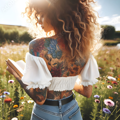 Mujer empoderada rodeada de campo de flores photo