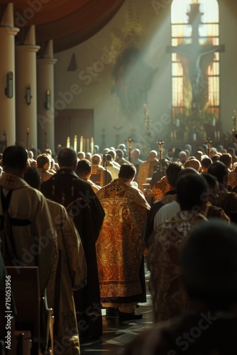 A large group of people standing inside a church. Suitable for religious events and gatherings