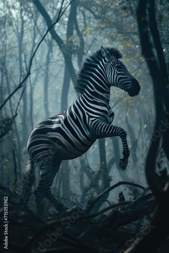 A zebra standing on its hind legs in the woods. Suitable for wildlife or nature-themed projects