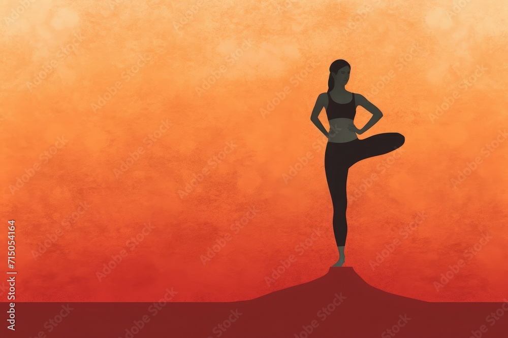 Silhouette of a woman practicing yoga, yoga background with free space for text, relaxation and tranquility